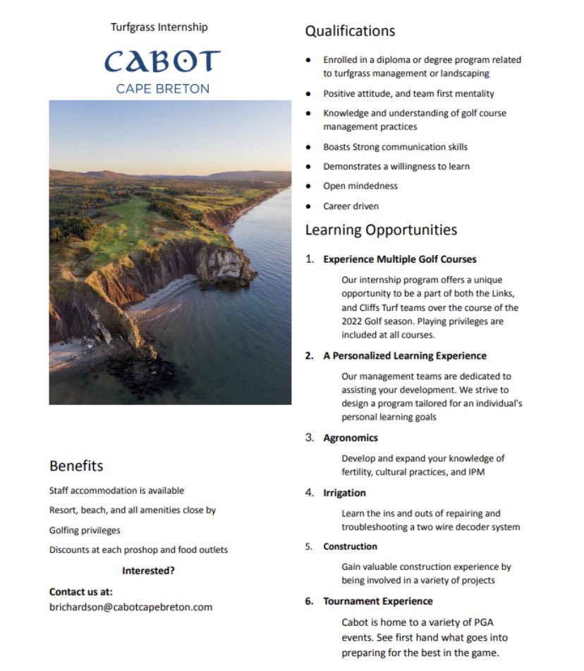 A unique learning opportunity to work at two world class courses in 2022.  #internships 🇨🇦 ⛳️
