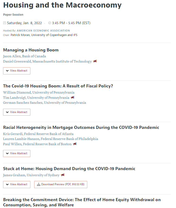 pedm's tweet photo. Looking forward to our session on "Housing and the Macroeconomy" tomorrow at 3:45pm ET at #ASSA2022 🏘️

Many thanks to @ProfGreenwald @LaurenlambieH @AnthonyDeFusco @k13agnes @J_Meanwell @AurelHizmo  and many others (not on twitter) for participating! 

https://t.co/lofAQer9Wh https://t.co/MQ0XdXOIKl