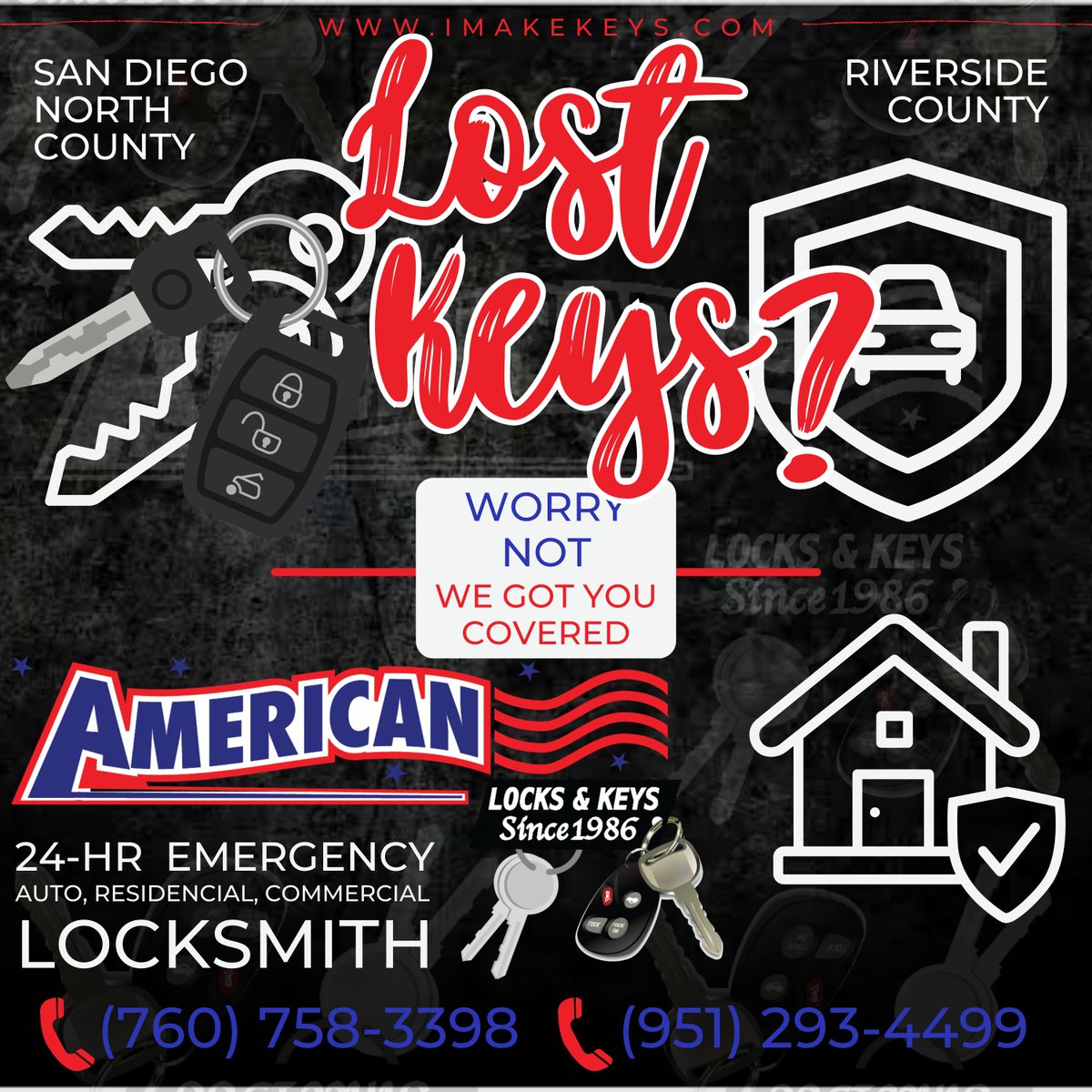 imakekeys's tweet image. LOST YOUR KEYS?
Worry Not. We #HaveAPlan for you.

Your #Mobile #Locksmith for Auto, Residential &amp;amp; Commercial: Key Origination, Lockouts, and more.

#SD #NorthCounty 760 758-3398 #Riverside County 951 293-4499

#security #socal #ie #inlandempire #sandiego #DiscoverSD