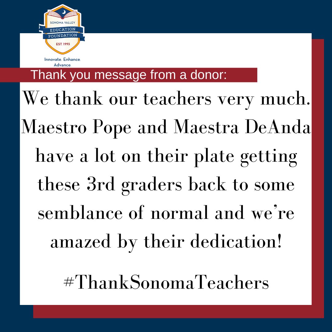The gifts and messages of support for our Sonoma Valley teachers continue to roll in, and for that we are thankful to you! Thank you for helping to make a Classroom Grant possible for a local teacher! Donate here:

svgreatschools.org

#thanksonomateachers 
#svgreatschools