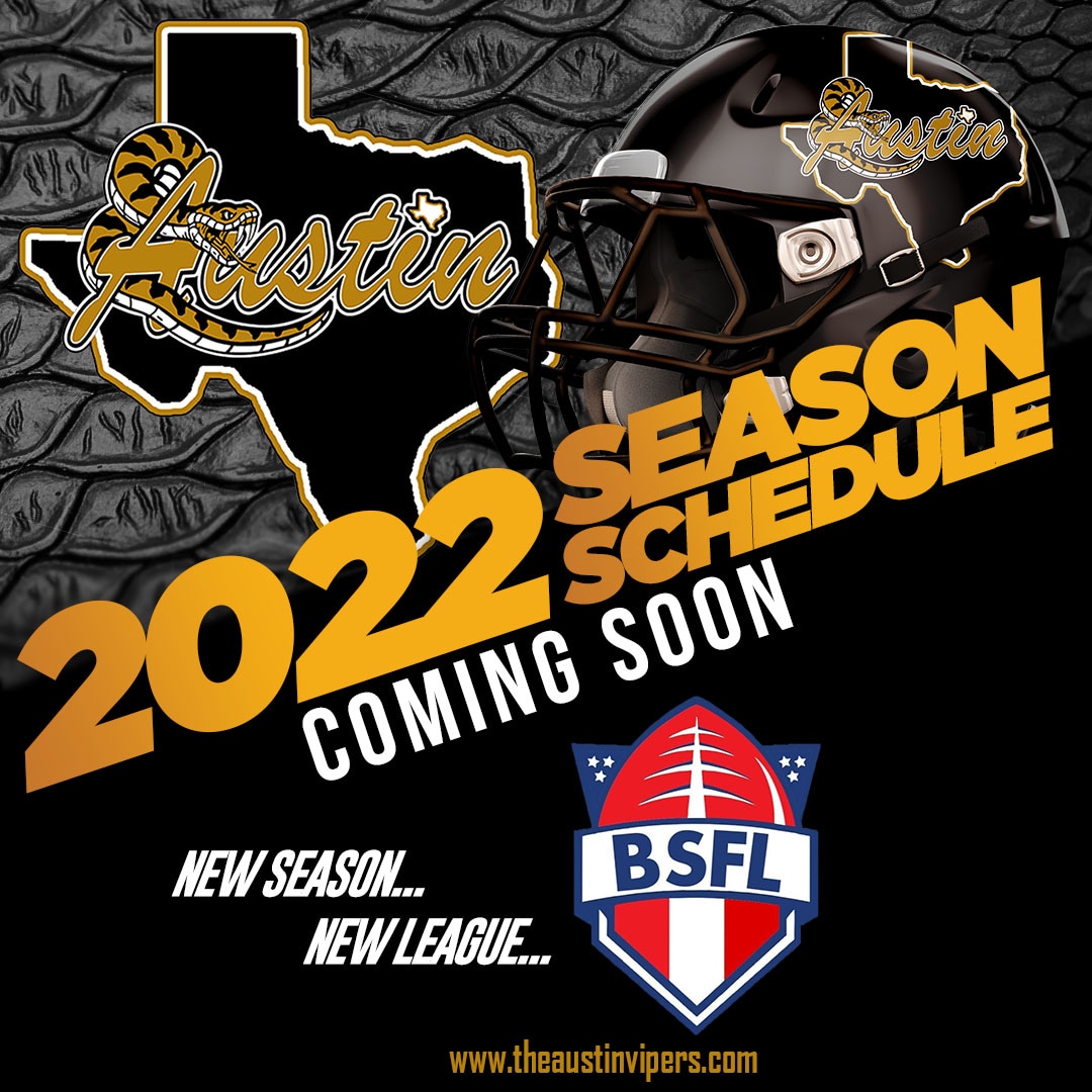 AustinVipers's tweet photo. Kicking off the NEW season in a NEW league! Your Austin Vipers are bound for the BSFL in 2022! Our schedule is dropping soon! #austinvipers #vipernation🐍 #newseason #newleague #semiprofootball🏈 #BSFL #texassports #schedule https://t.co/PBA9Ri8Yc2