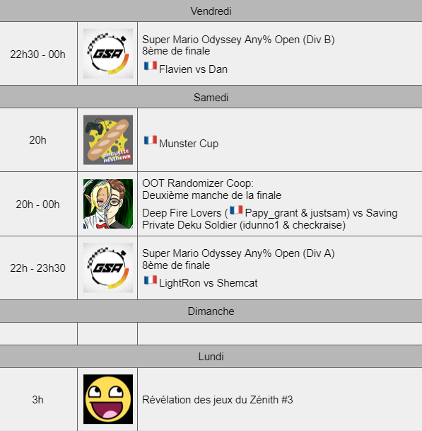 Du programme pour la rentrée des compétitions speedrun ce week-end : @FlavienSMO &amp; <a href="/LightRon73/">Yohan / LightRon</a> défendront leur chance dans le bracket final de l'Open Any% de Super Mario Odyssey. L'évènement de <a href="/BaguetteRStream/">Baguette_Academy</a> "Munster Cup" autour de blindraces démarre demain soir.
