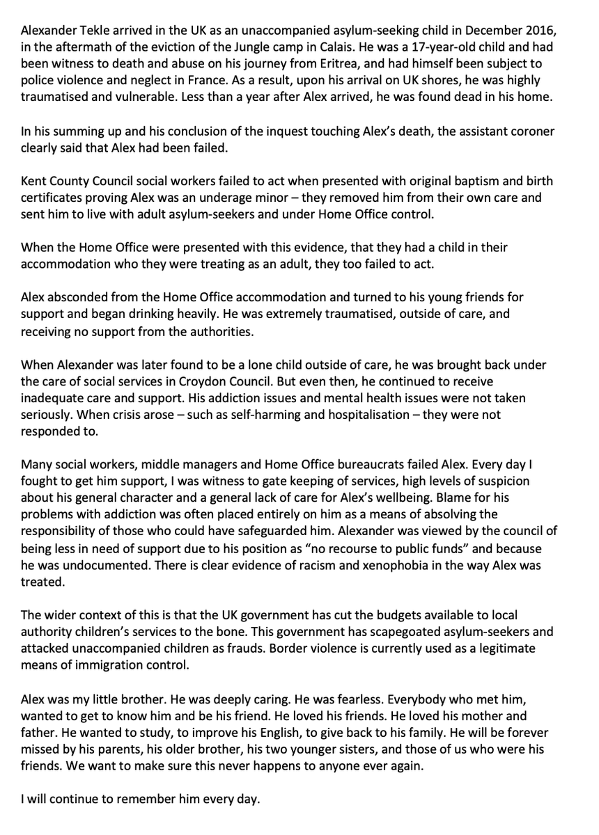 BennnyH's tweet photo. At the conclusion of the inquest touching the death of my friend Alexander Tekle, I have written this statement: https://t.co/aLRS2epA7c