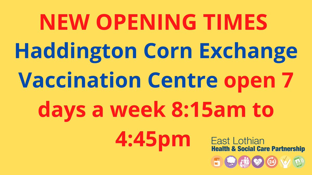 From Saturday 8th January onwards Haddington Corn Exchange Vaccination Centre is open 7 days a week from 8:15am to 4:45pm. 

DROP IN for a Covid vaccination / booster OR book an appointment at nhsinform.scot/vaccinebooking

For more information visit nhslothian.scot/.../Pages/Drop…
