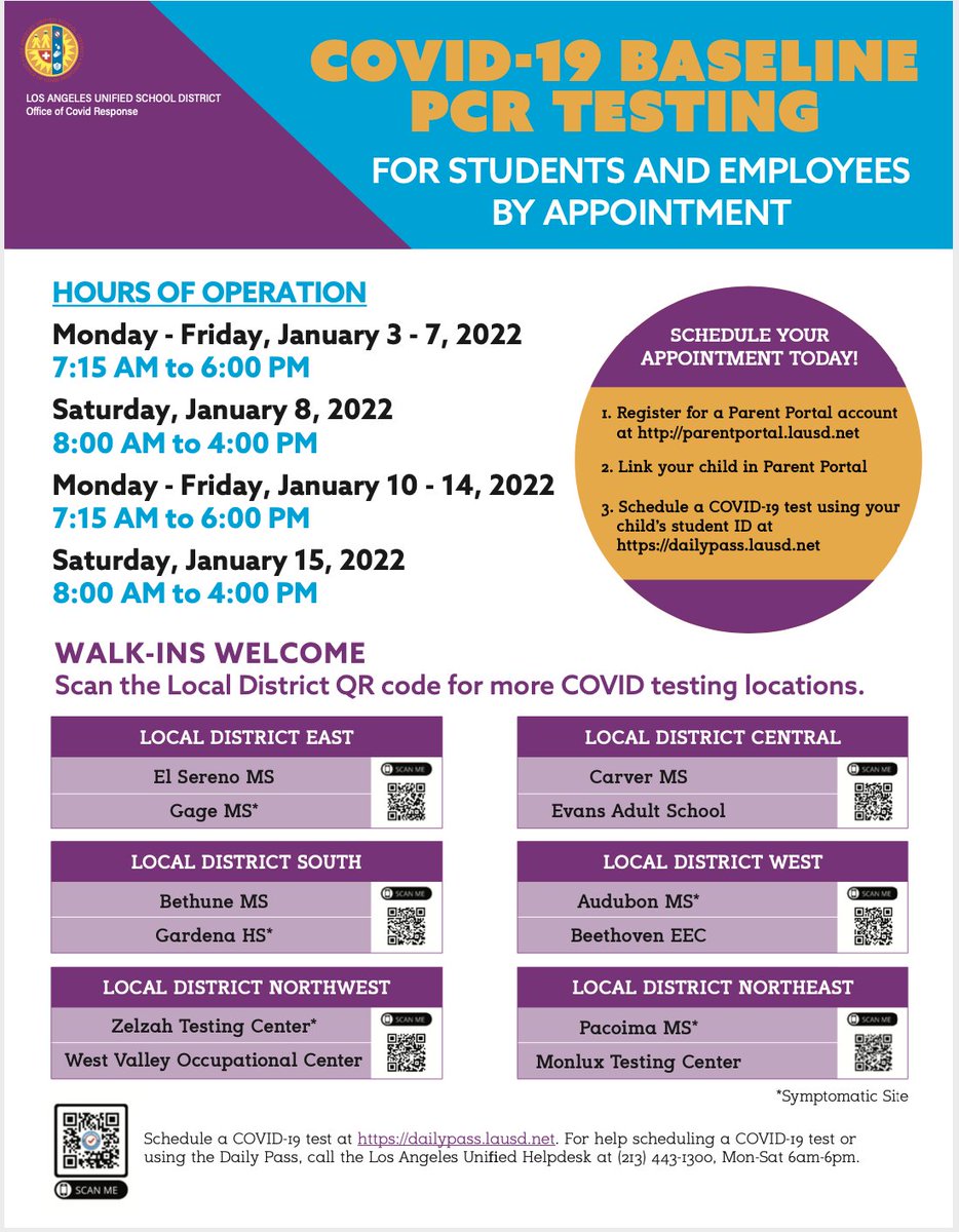 COVID-19 At-Home Rapid Self-Tests Are Now Available for Los Angeles Unified K-12 students! For more information, including sites with free pickup on January 7 and January 8, visit achieve.lausd.net/covid