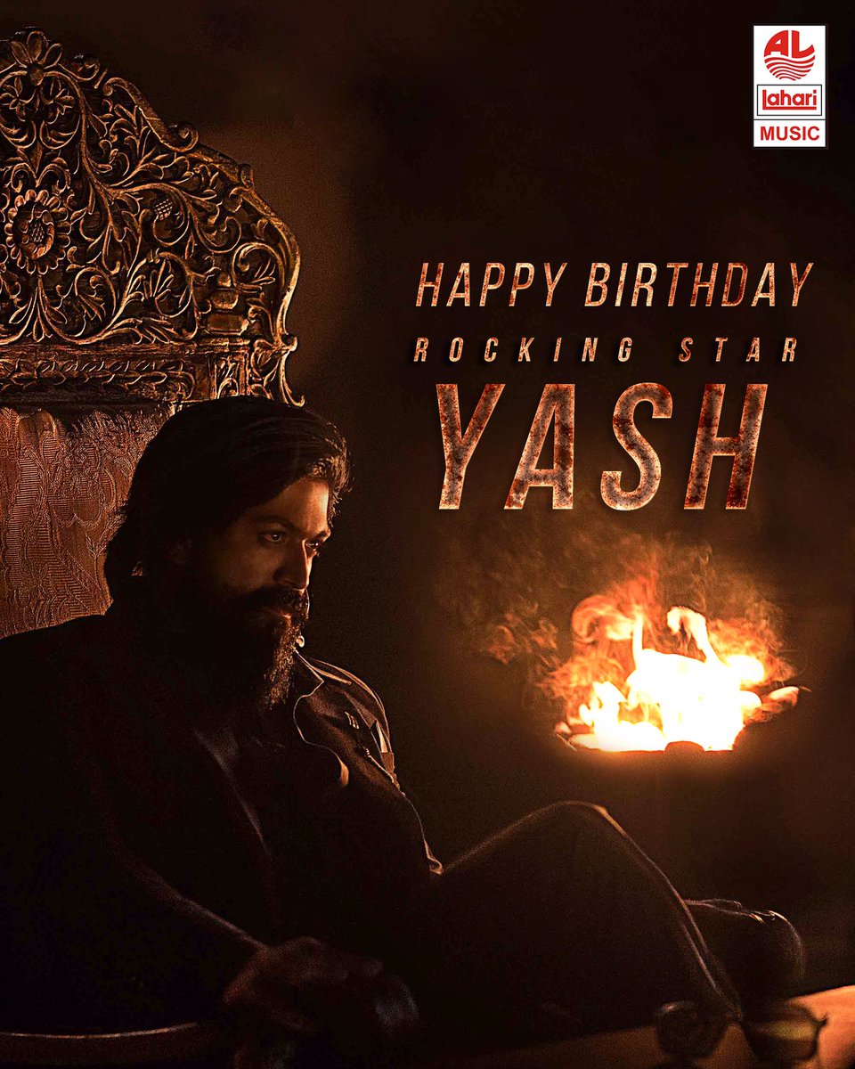 LahariMusic's tweet photo. Wishing the monster #Yash @TheNameIsYash a very Happy Rocking Birthday.

#KGFChapter2 audio on @LahariMusic.
#HappyBirthdayYash #HBDRockingStarYASH https://t.co/DpEhtbAaNS