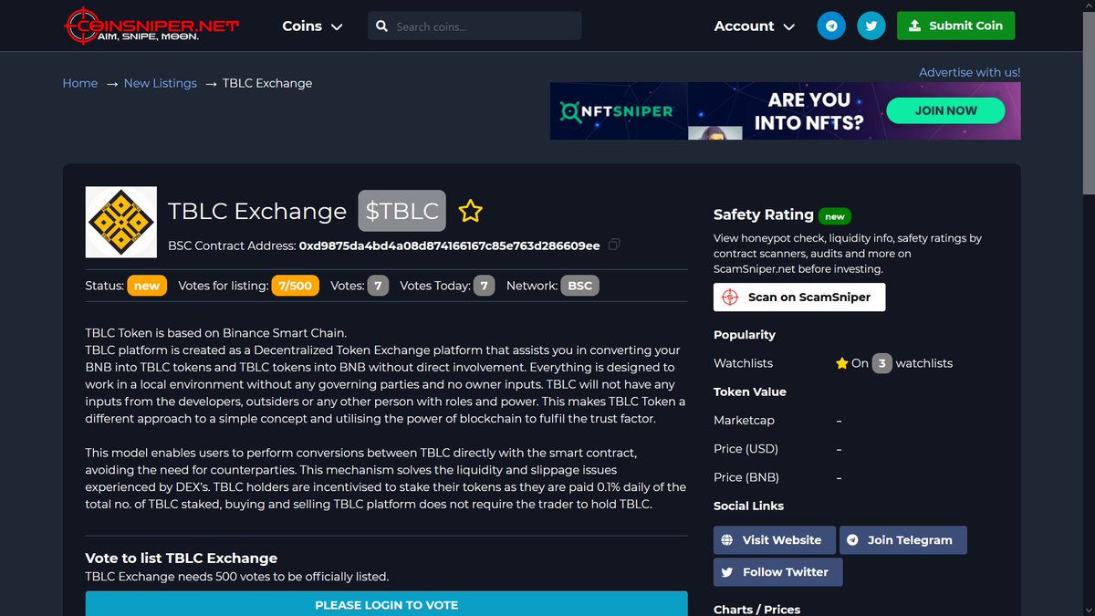 TBLCExchange's tweet photo. TBLC Exchange ! 

Lets Vote #TBLC On Coinsniper 🚀🚀
Once we cross 500 votes, We will be listed on Coinsniper. 

$TBLC
✅ https://t.co/DlTgTYeH1I https://t.co/XEFrIb5J0e