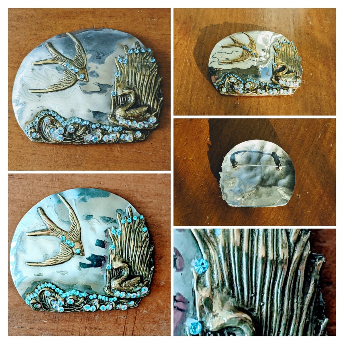 Such a beautiful pin in so many ways.  The scene, the brass and silver coloring, combined with the rhinestones...really just brooch perfection and just in at whimsicalvintage.etsy.com #etsyshop #etsyseller #whimsicalvintage #artdecojewelry #birdjewelry #brassandsilver