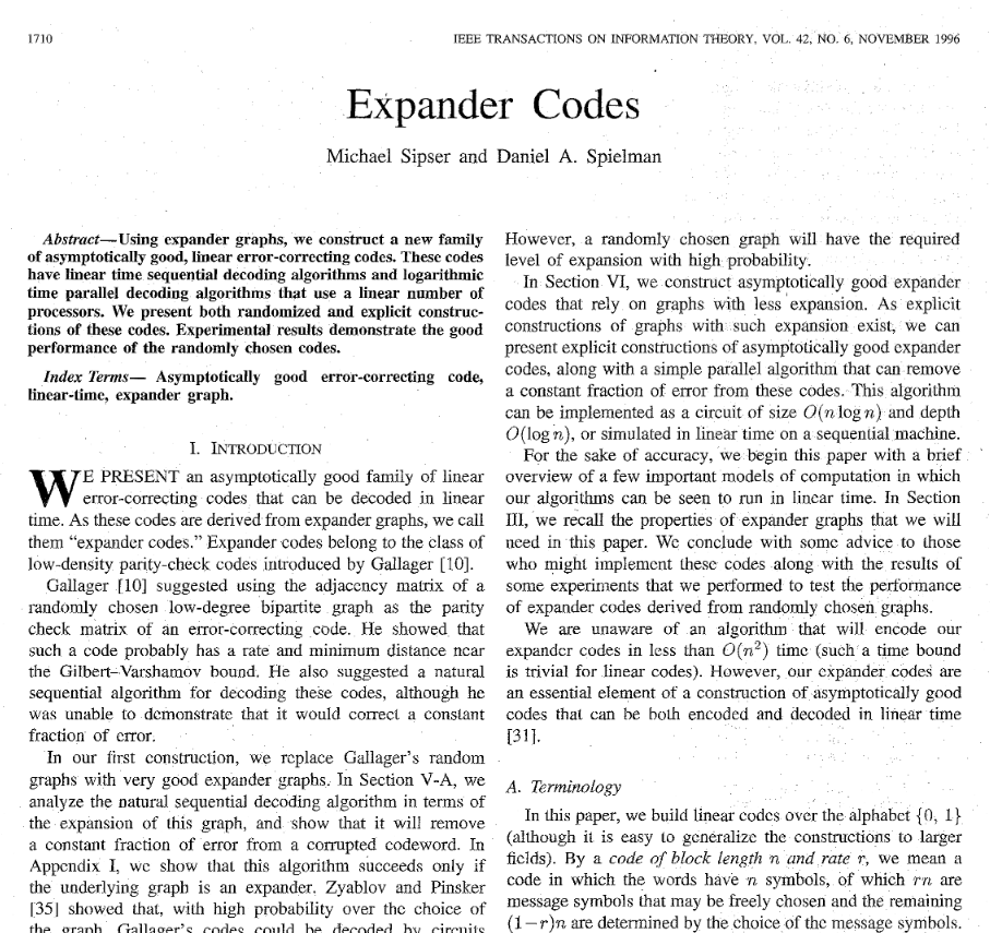 LGcommaI's tweet photo. #DinurEvraLivneLubotzkyMozes-5

"Expander codes, one dimension up

The celebrated expander-codes of Sipser and Spielman [IEEE Transactions on #InformationTheory  42(6, part 1):1710–1722, 1996.] are a family of #ErrorCorrectingCodes constructed from a single base code > https://t.co/nHjjnhqr5v