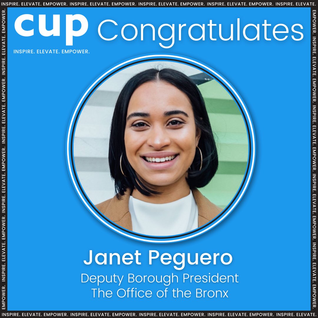 CUPUSA07's tweet photo. CUP Congratulates Janet Peguero, CUP 2019 Fellow, on being appointed Deputy Borough President for The Office of The Bronx! Janet Peguero becomes the first woman of Dominican descent to hold this role! Bravo! #cupfamily #hackingdiversity #inspire #elevate #empower https://t.co/4T53JwI1jS