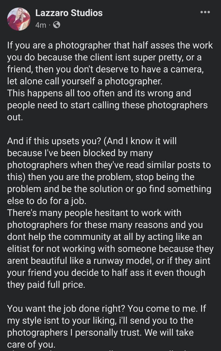 LazzaroStudios's tweet photo. From my FB photography page. 

There's a reason why I don't work with many photographers &amp; only trust about 6. Too many are creeps, thieves, elitists, racists, &amp; more. 

If this has happened in any way to you, call em out. New England has had an issue with these people for YEARS. https://t.co/tNvEnxKlpA