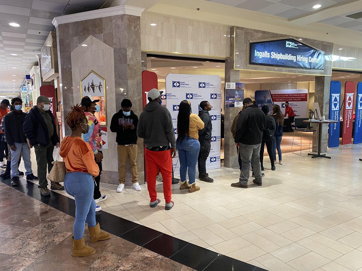 Dozens lined up @HIIndustries hiring center at Edgewater Mall in Biloxi. Center opened yesterday and is open Friday until 5 taking applications for about 3,000 openings. <a href="/WLOX/">WLOX</a>