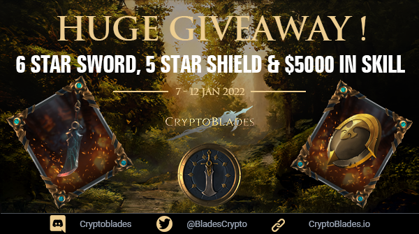 🚨REWARDS RESTORATION GIVEAWAY🚨

🎊To celebrate another #CryptoBlades victory, we are hosting a HUGE Giveaway. 

⚔️Prizes Include:

👉1x 6⭐️Sword
👉1x 5⭐️Shield
👉$5,000 in SKILL (100 WINNERS)!

▶️Giveaway link: giv.gg/rewardsga

#Crypto #SKILL #KING #Binance #BSC #P2E