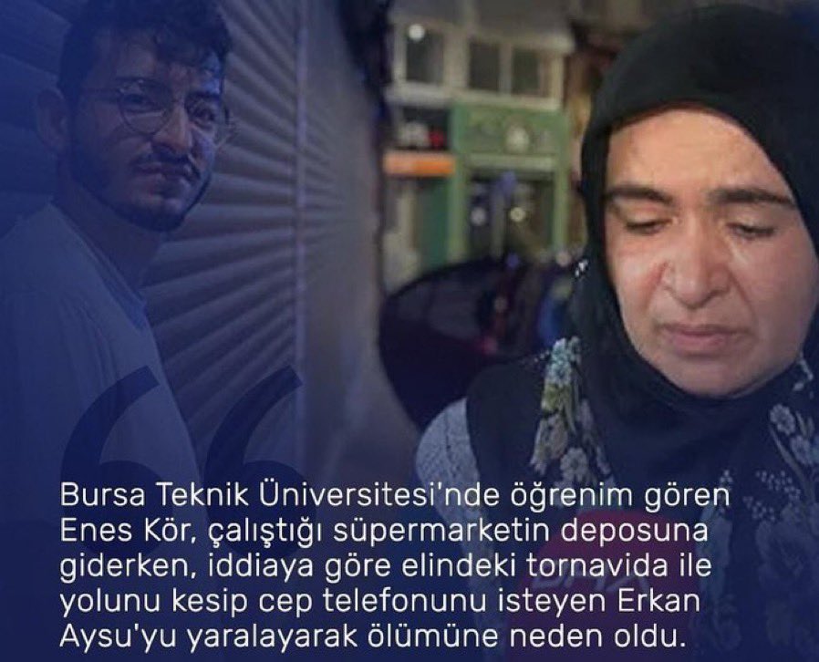 #Enesköriçinadalet #Eneskör Bir gencin hayalleri 20 ayrı suçu olan, karşıdaki insanı öldürmekle tehdit eden bir şahsa karşı kendini koruduğu için bitmesin. Adalet sağlansın. Enes'in ceza almasıyla değil sokakların temizlenmesiyle sağlansın