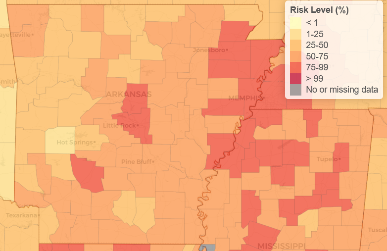 In most counties in Arkansas, assuming we're missing a moderate number of cases, there's at least a 1 in 4 chance that one kid in a classroom of 25 will be COVID+. 

In Jonesboro (in-person classes with no required masks), there's a 93% chance.

Estimator: covid19risk.biosci.gatech.edu
