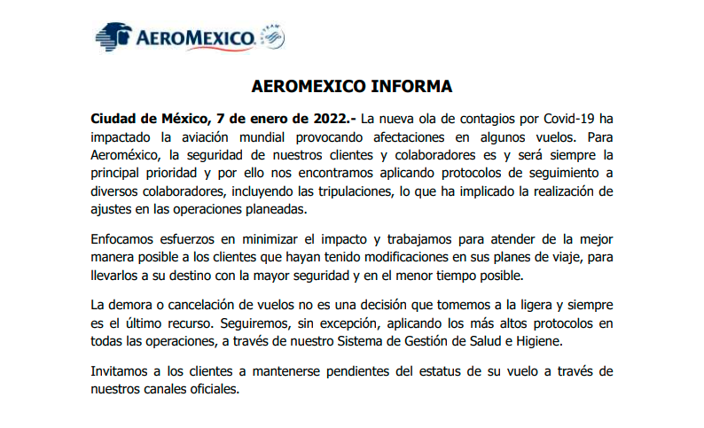 Aeromexico's tweet photo. #AeroméxicoInforma
Tu seguridad es nuestra más alta prioridad. Por la ola de contagios a nivel mundial, hemos implementado protocolos que modifican algunas de nuestras operaciones y hacemos esfuerzos para llevarte a tu destino de la forma más segura y rápida posible. https://t.co/bFlsyryQY2