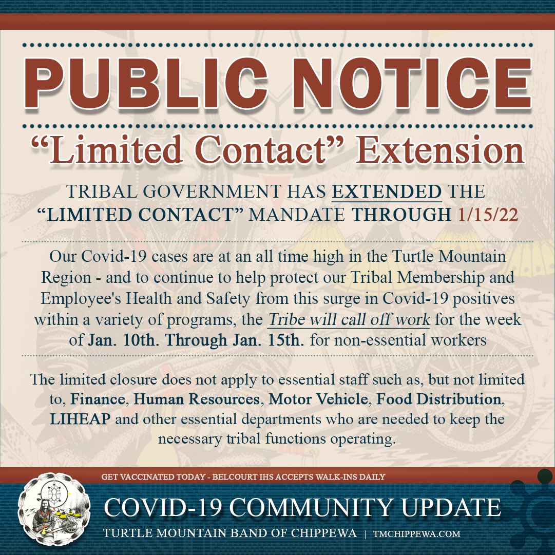 Hey there #TurtleMountains - our Active Covid cases are at an all time high, and to help keep our community members and tribal employees safe and healthy, the Tribal Council have extended the “Limited Contact” mandate for all tribal programs. Stay safe, and be responsible.