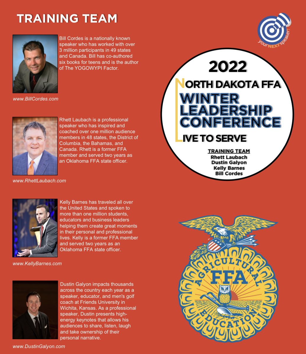 Proud to be working this weekend in North Dakota with 700 <a href="/NDFFA/">North Dakota FFA</a> members in Bismarck. It might be -20° outside, but <a href="/billcordes/">Bill Cordes</a> <a href="/kellybarnes/">Kelly Barnes</a> <a href="/DustinGalyon/">Dustin Galyon</a> &amp; <a href="/rhettlaubach/">Rhett Laubach</a> are going to heat things up inside with some high-powered #leadership training. #LiveToServe <a href="/NationalFFA/">National FFA</a>