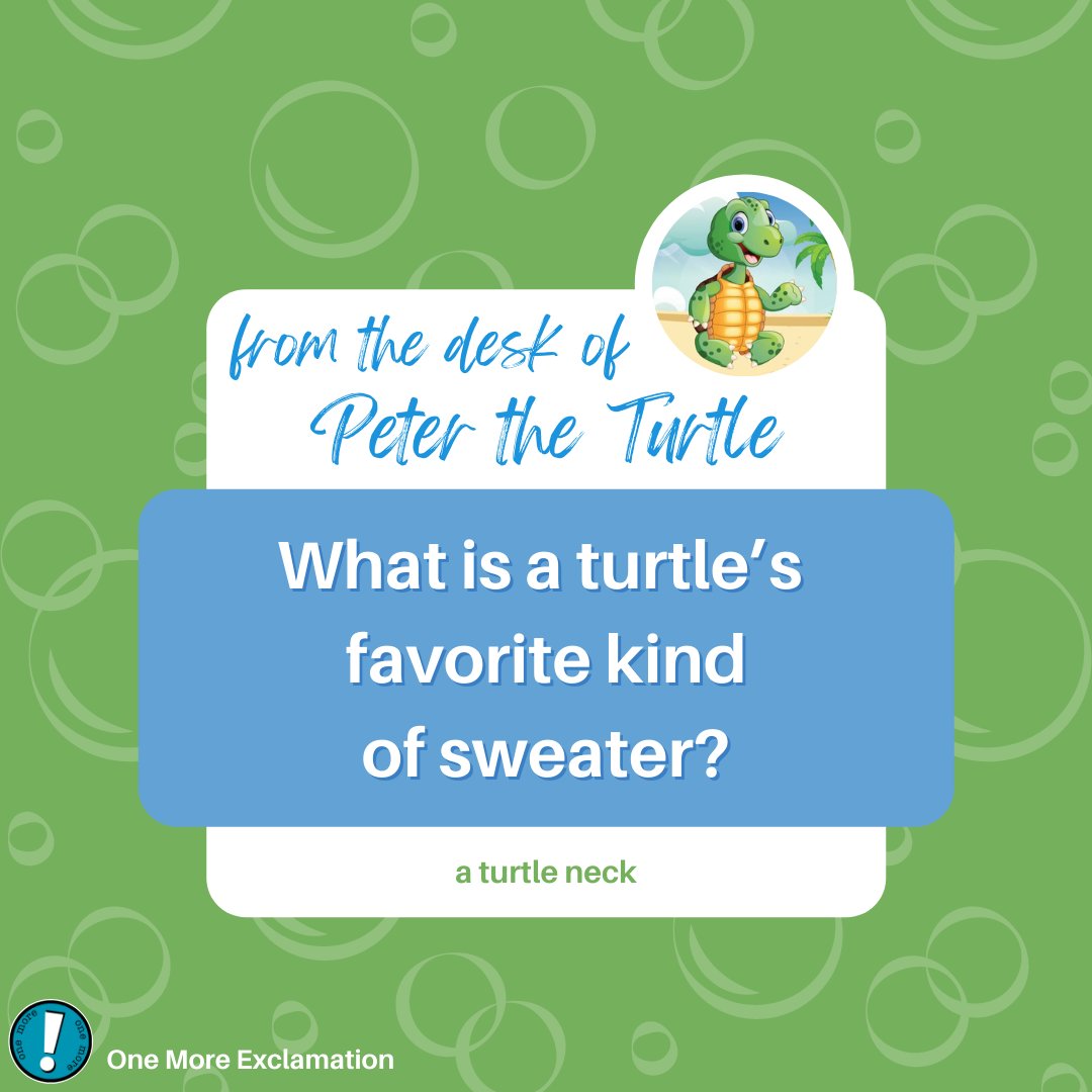 OExclamation's tweet photo. Are you a sweater or flannel person?
💚💚💚
Peter the Turtle Can’t Poop, a children’s book about friendship, healthy eating, and putting litter in a bin. February, 2022 #childrensauthor #childrensbook #turtlebook #turtles #onemoreexclamation #petertheturtlecantpoop https://t.co/3G0K1VQuMY