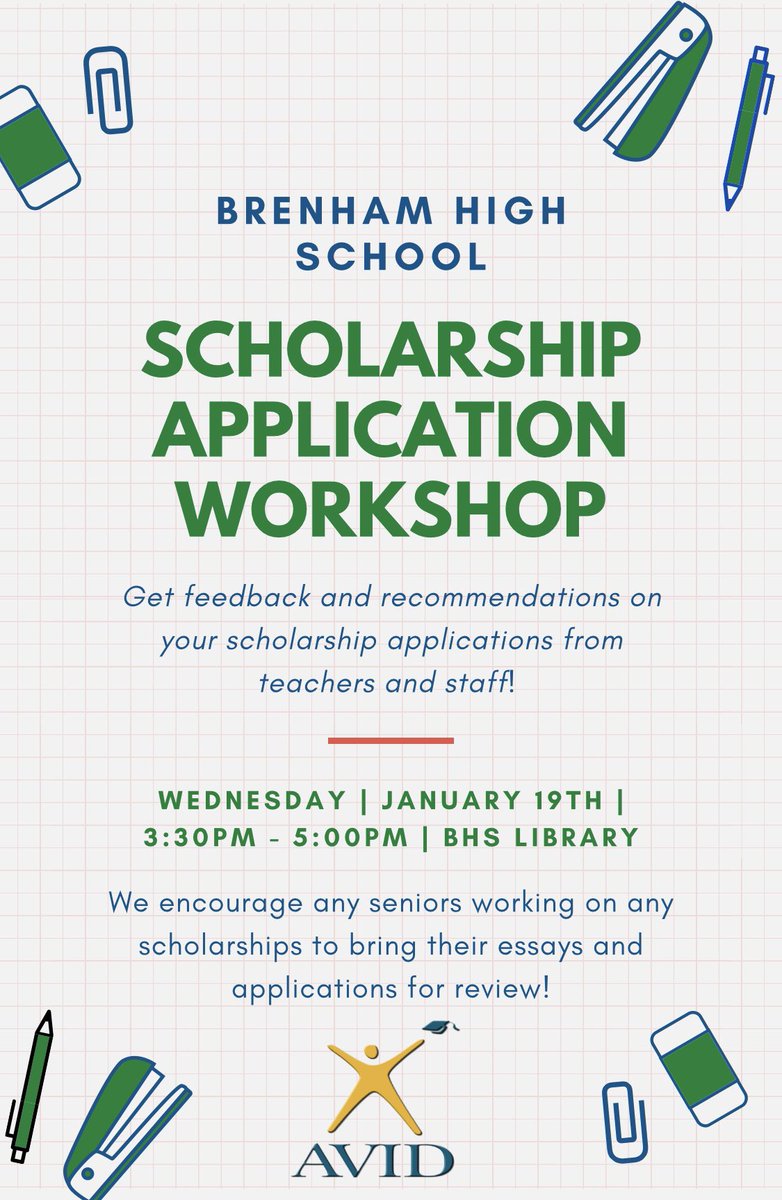 BrenhamISD's tweet image. Seniors, want help reviewing your scholarship essays and applications? Mark your calendar for Wednesday, January 19th! See complete details below! #fishingforexcellence #ichoosebrenham @BrenhamHS @kekewalker40 @GriffinAdmin @zetta4kids