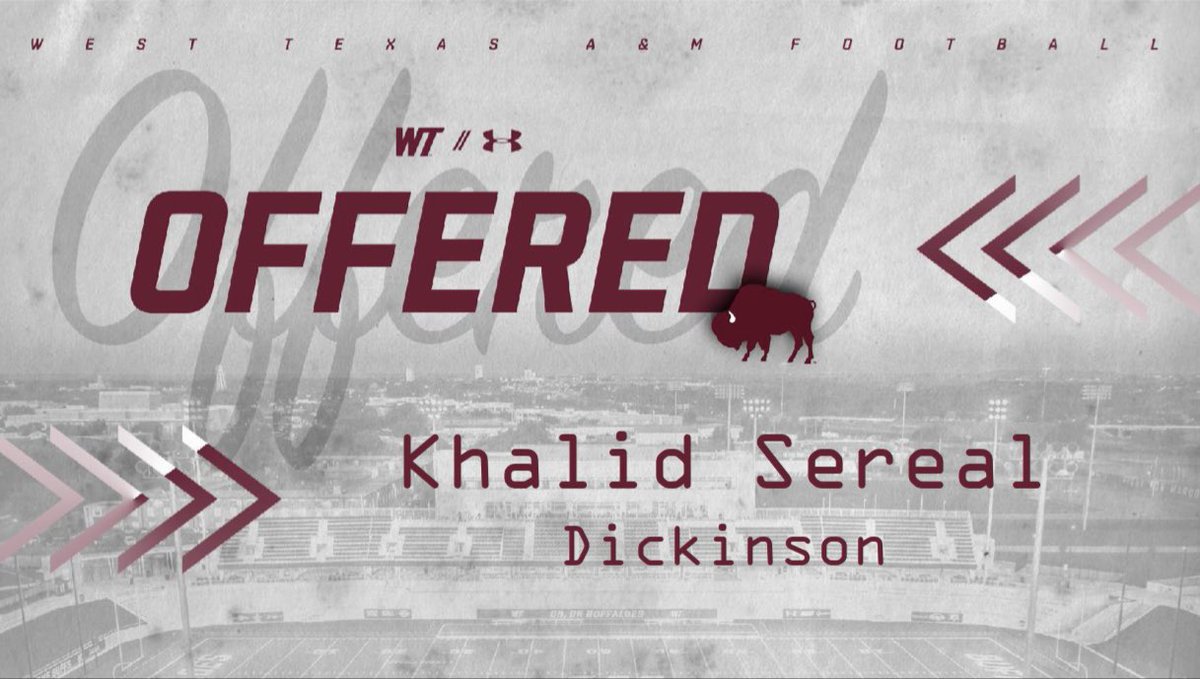 SerealKhalid's tweet photo. I am very blessed and grateful to receive an offer to continue my football career at West Texas A&amp;M 🦬@DickinsonFB @CoachTGuidry @Coach_Haddan_60 @ExpoRecruits @coachsierra @michael_boone44 @coachRev_55 https://t.co/6KuC85ZVOk