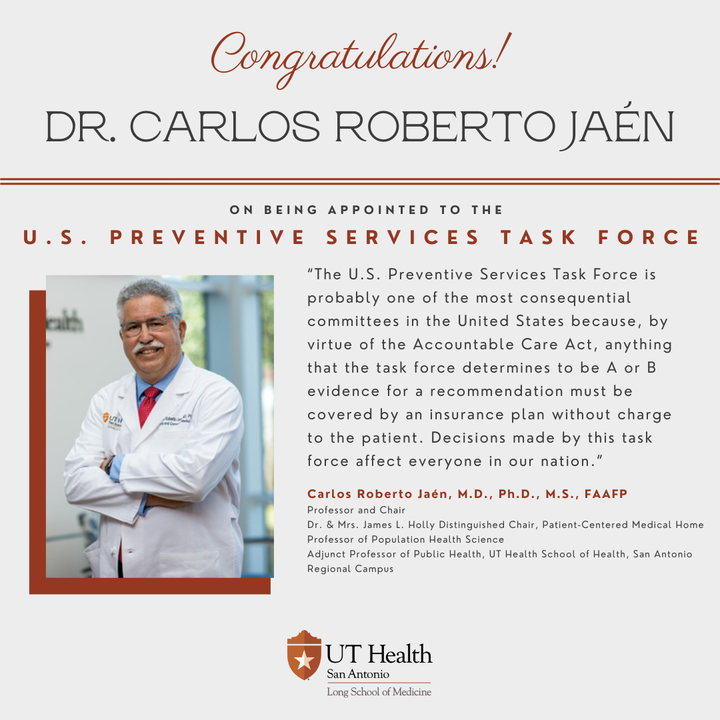 Congratulations are in order for Dr. Carlos Roberto Jaen, professor and chair of the Department of Family and Community Medicine, who will serve on the U.S. Preventative Services Task Force over the next four years!

Read the full article here bit.ly/34js2RP
