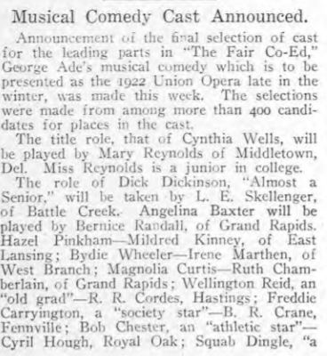 From 1/13/1922 MAC Record...if you are looking for a good play to see this spring (100 years ago), you might want to try George Ade's "The Fair Co-Ed" starring junior Mary Reynolds!