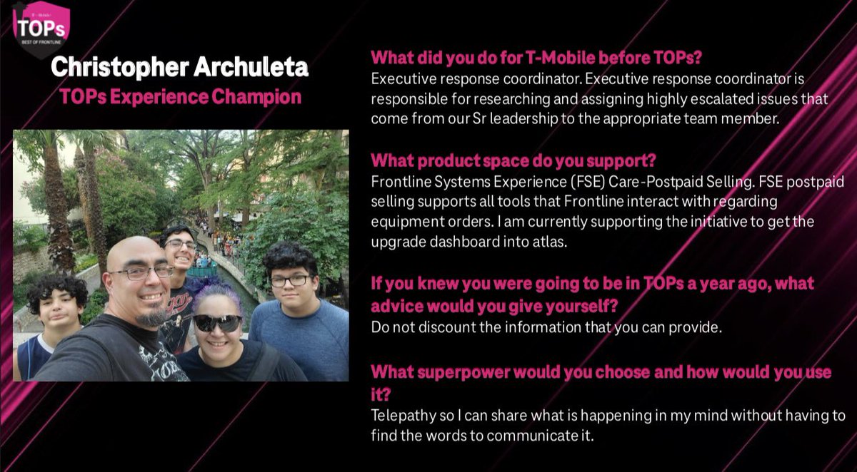 Our TOPs member highlight for this week is Chris Archuleta! Chris has been making great impacts on the space he’s supporting in TOPs with his knowledge gained from tenure over the past 16 years with T-Mobile! 😁🎉 #ChampionChange