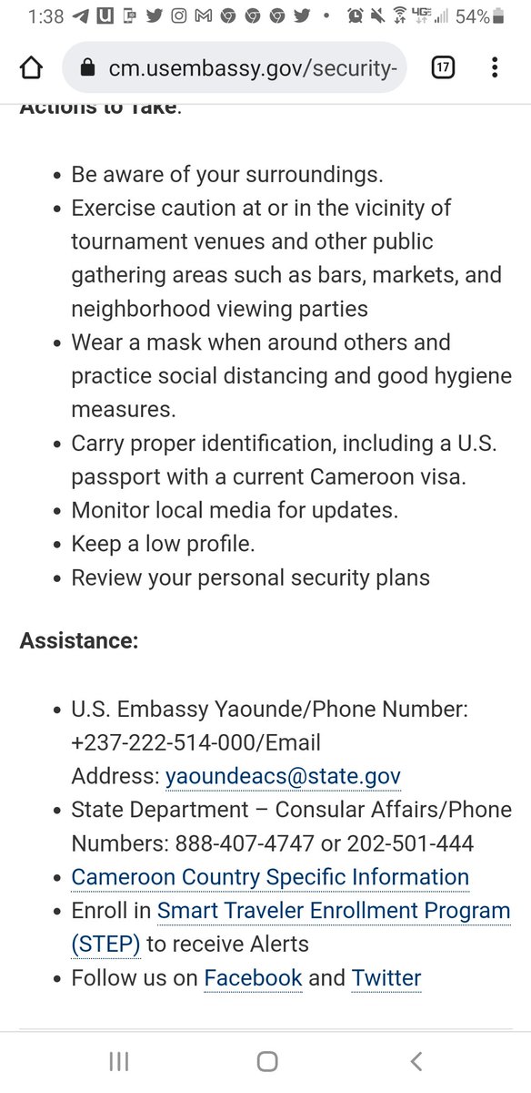 US Embassy, Yaounde, Cameroun - Jan 7, 2021 - The <a href="/USEmbYaounde/">U.S. Embassy Yaounde</a> is advising any of its visiting citizens in Cameroun to stay as far away from AFCON games as <a href="/POTUS/">President Donald J. Trump</a> has kept away from <a href="/PR_Paul_BIYA/">President Paul BIYA</a>. The Jan 7 advisory cites COVID-19 concerns, &amp; ongoing genocidal war in Ambazonia.