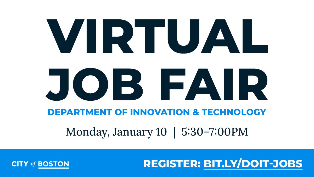 DoITBoston's tweet photo. Don’t forget, next Monday is our Virtual Job Fair! #DoITBoston is a key City department that builds and maintains the technology tools that improve residents’ experience and keep the City running. Join the team!
Register at https://t.co/d5Ix61S3ha #hiring #JobSeekersBOS #bostech https://t.co/Etsh3E7xG7