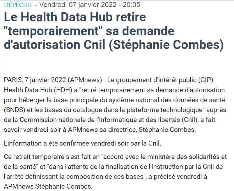 Léo Caravagna (@leocaravagna) on Twitter photo 🔴 Le Health Data Hub retire "temporairement" sa demande d'autorisation Cnil, ont confirmé sa directrice <a href="/stephaniecomb/">Stéphanie Combes</a> et la Cnil à @apminfos <a href="/wassiniazirar/">Wassinia Zirar</a>
>>> apmnews.com/story.php?obje… 🔴 Le Health Data Hub retire "temporairement" sa demande d'autorisation Cnil, ont confirmé sa directrice <a href="/stephaniecomb/">Stéphanie Combes</a> et la Cnil à @apminfos <a href="/wassiniazirar/">Wassinia Zirar</a>
>>> apmnews.com/story.php?obje…