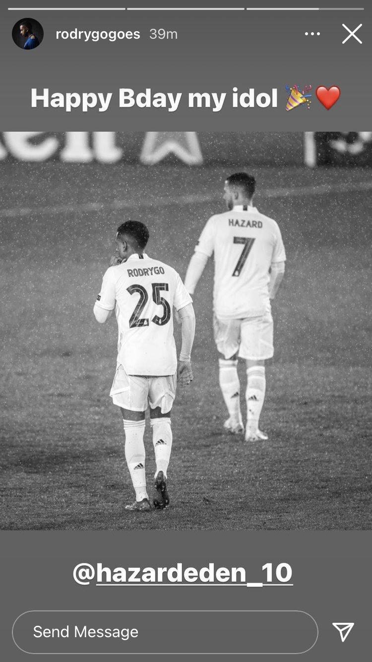 Rodrygo wishing Eden Hazard a happy birthday on Instagram  