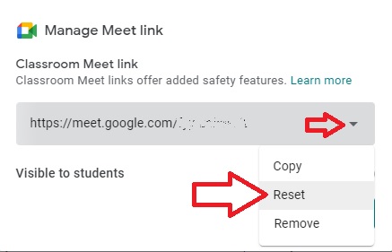 A friendly reminder...

Are you a supply teacher that has been added to a G. Classroom for a day (or more)? 

✅ RESET the Meet link

Are you the regular teacher returning to a G. Classroom after you've had a supply teacher cover you for remote learning?

✅ RESET the Meet link