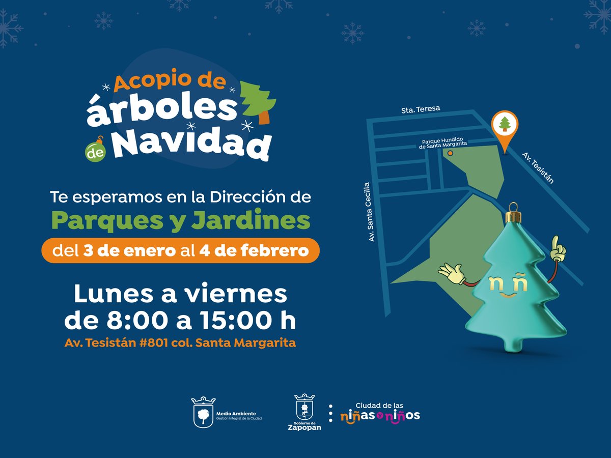 ZapopanGob's tweet photo. ¡Trae tu arbolito al acopio gratuito de arbolitos navideños🎄!
Sé responsable con los residuos que generas y evita que terminen en la calle. Acude a alguno de los puntos de acopio de @AmbienteZapopan o a la Dirección de Parques y Jardines.

¡Invita a tus todos a traer el suyo!💪 https://t.co/jRNChUZ5AW