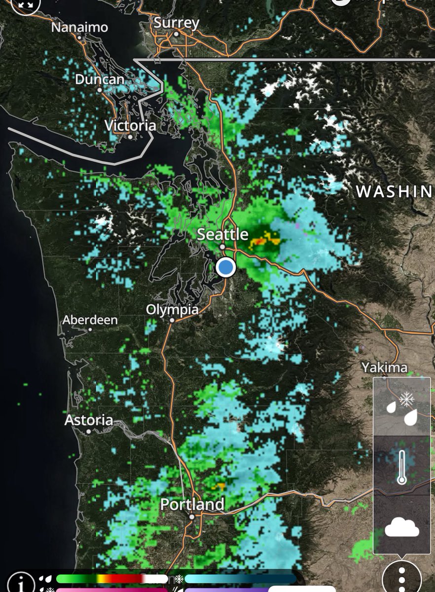 ErinMayovsky's tweet photo. A look at current conditions! Rain is starting to let up some for folks along the coast and to the south. From the #NorthSound to #Brinnon east to #Seattle and across the #Cascades rain still heavy, but will let up as we move through the day.  #Fox13 https://t.co/8fzOiWhpnh
