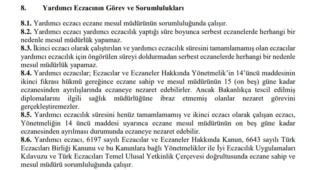 TİTCK'nın yayımlamış olduğu "Yardımcı Eczacı Yerleştirmesi ve Çalıştırılmasına Dair Usûl ve Esaslar" belgesine göre yardımcı eczacıların görev ve sorumluluklarının olmadığı anlaşıldı.
