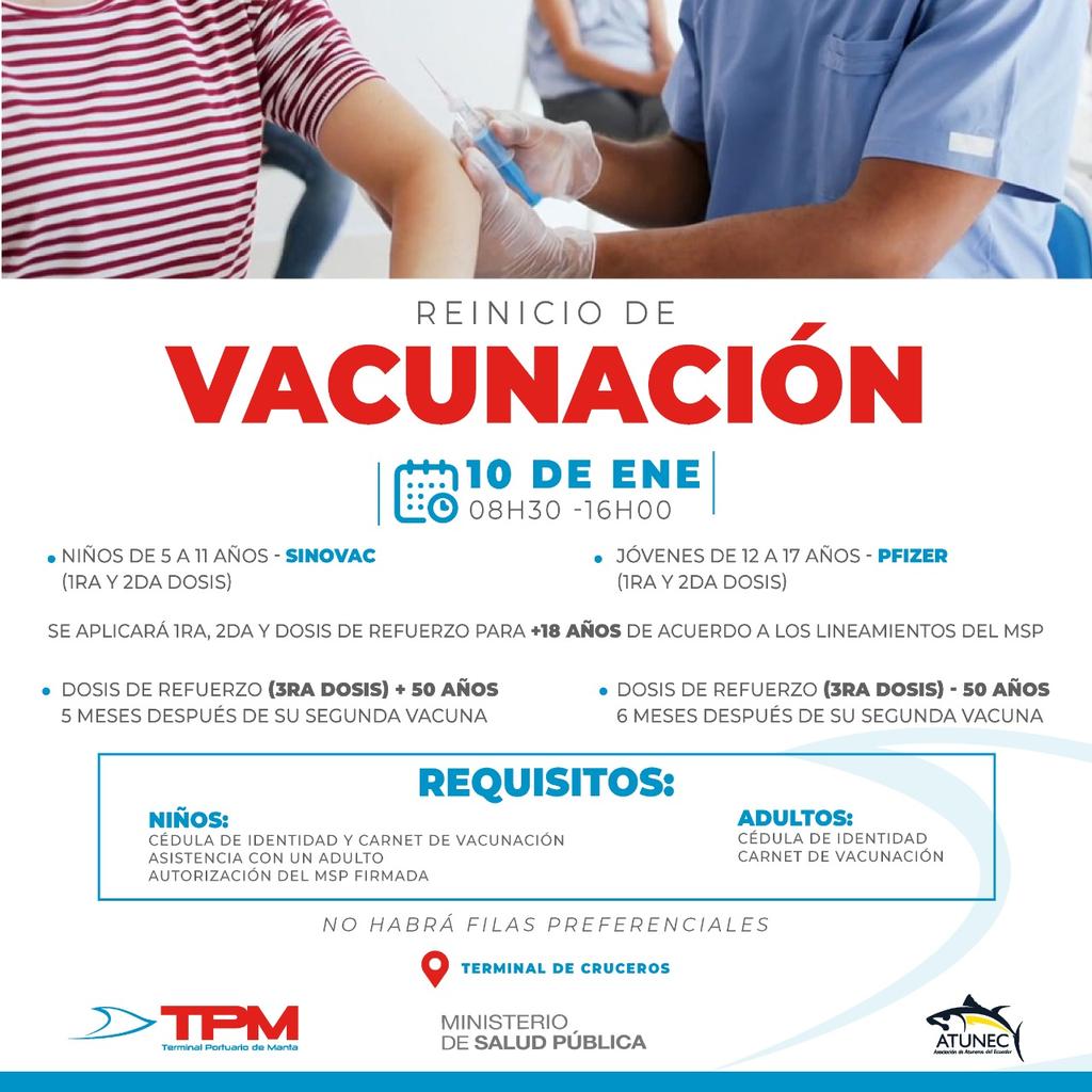 TPM_EC's tweet photo. 📢¡Retomamos la vacunación en TPM!💉

Desde el lunes 10 de enero abrimos nuevamente las puertas del #TerminalDeCruceros de Manta para continuar con el proceso de inoculación masivo 💯

¡Por ti, por tu familia, por todos...sigamos poniendo el hombro! 💪⁣ https://t.co/3OKhBAtS6m