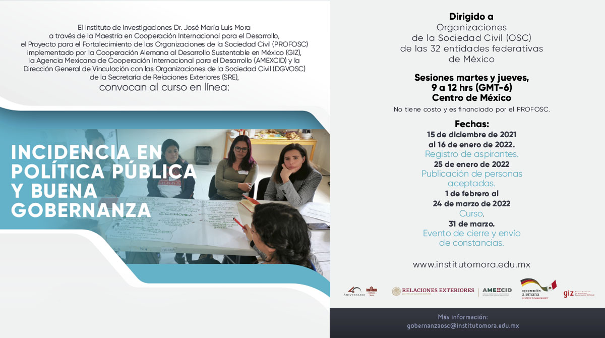 institutomora's tweet photo. #QueNoSeTePase #CONVOCATORIA abierta al CURSO “Incidencia en política pública y buena gobernanza” para organizaciones de la sociedad civil.
https://t.co/vUmGdJAziZ
Cierre registro: 16 de enero.
Inicia: 1 de febrero en línea.
#PROFOSC #OSC #OSCyelMora #BuenaGobernanza #Incidencia https://t.co/kAqeAlJWwT