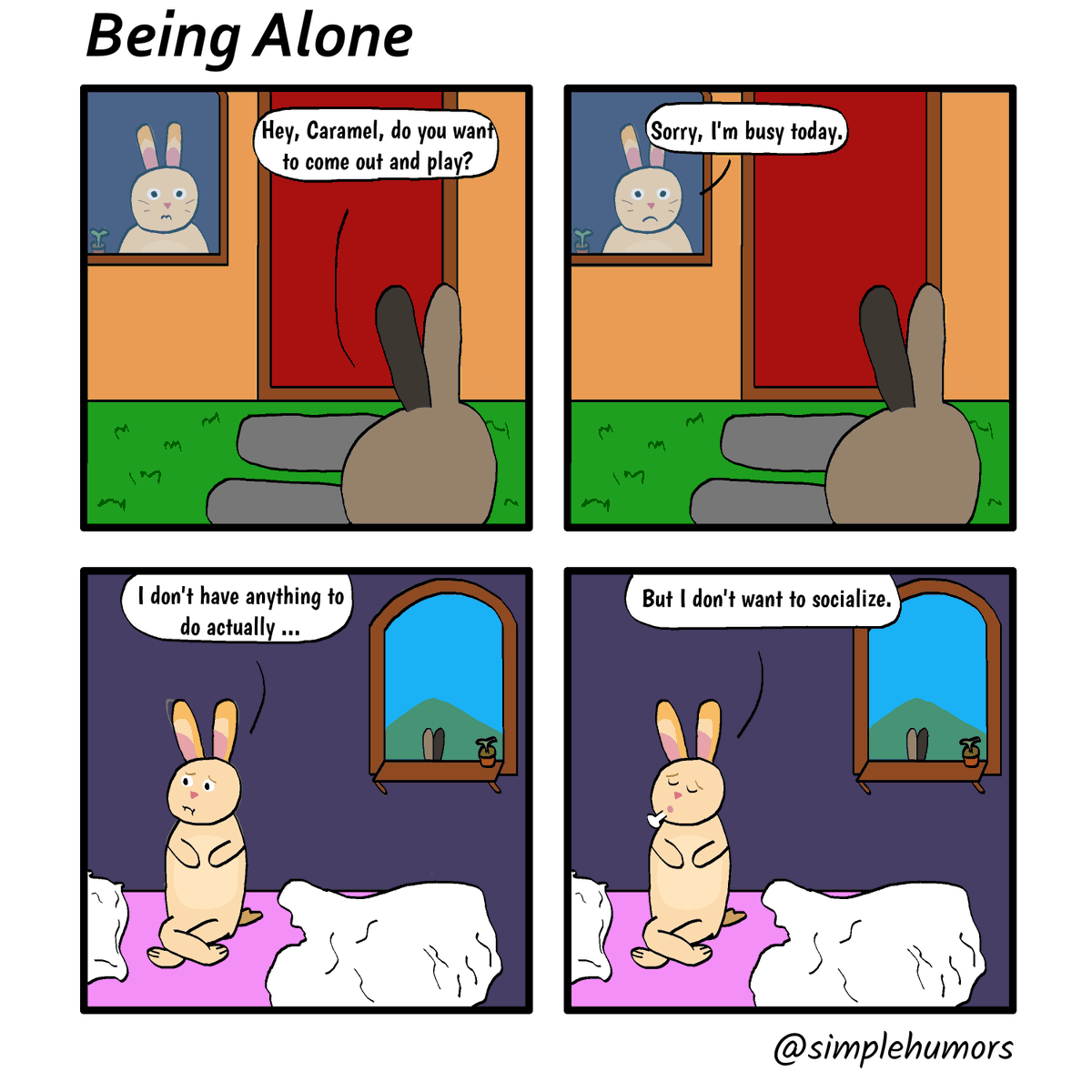 SimpleHumors's tweet photo. New Year. New me. But some introverted habits die hard. Has anyone else also had days when they just didn't want to socialize even with their best friends? 😫

#SimpleHumors #webcomic #webcomics #originalcomic #alonetime #introvert #friends #relax #bunny #goldenbunny #animalcomic https://t.co/wzt7uGvKYw