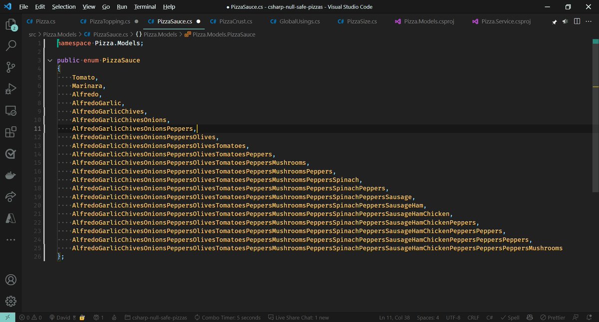 Cam (@camsoper): Let's model out some pizzas. 
Me: typing public enum PizzaSauce { ... 
@GitHub Copilot: