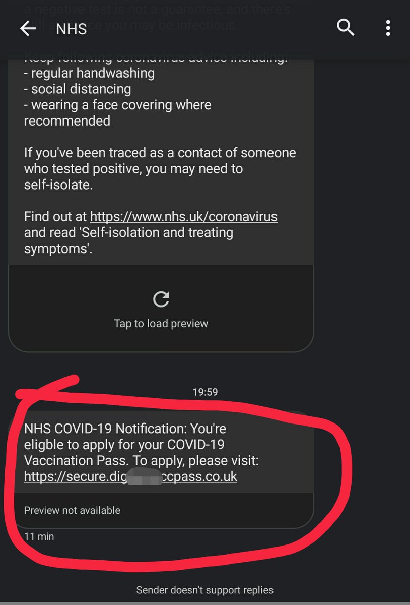 Got a phishing SMS from "NHS". Although it appears alongside legit texts, it is a phishing attempt - the address is not nhs.uk or gov.uk. You don't need to apply for a vaccination pass, you can get one on the NHS app. #phishing #covid19