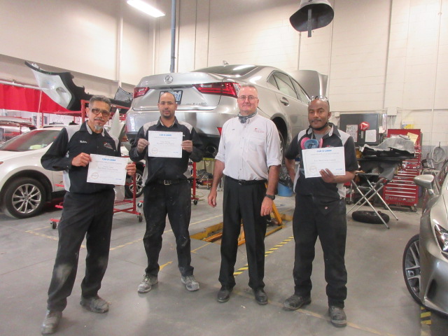 flatlinespray's tweet image. Bodyshop technicians at Ken Shaw Lexus Toyota with their most recent achievement.  Ken Shaw now has a total of 5 technicians trained by Car-O-Liner.  Congratulations to John Bennett and his team!