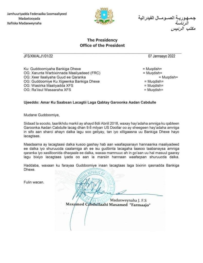 H.E <a href="/M_Farmaajo/">Mohamed Farmaajo</a> President of the Federal Republic of Somalia, orders Governor of the Central Bank @CBSsomalia against releasing illicit money, 9.6M USD which was seized by our gallant Somali Security forces to any entity which seeks claim, due to its illegal entry into our nation