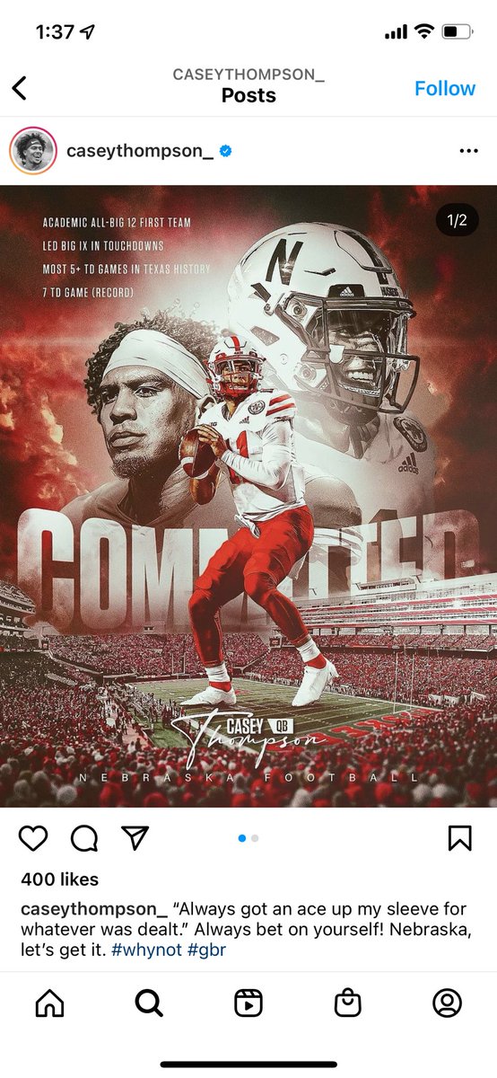husker_hype's tweet photo. #Huskers land their transfer QB - Casey Thompson announces his commitment on Instagram https://t.co/ZA8ytzuKUh