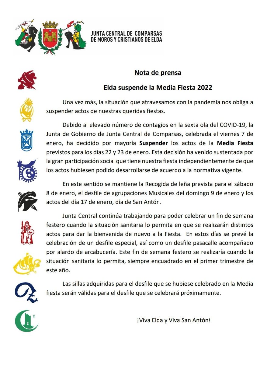 MorosdeElda's tweet photo. 🟢🔴 COMUNICADO OFICIAL JUNTA CENTRAL DE COMPARSAS SOBRE LA MEDIA FIESTA 2022.

#juntacentraldecomparsas #MediaFiesta #morosycristianos https://t.co/ybcGiKLt7E