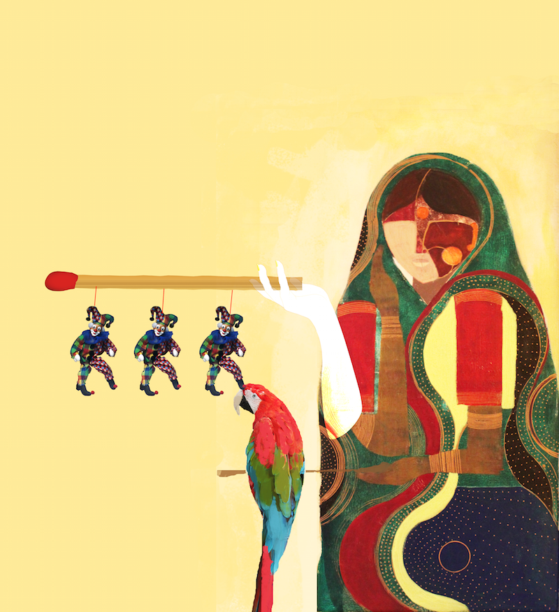 Indian {Mona} Lisa Series  (100 paintings)
by Sid K

"The Puppeteer and the Bird I" 2022, Sid Katragadda
3200 × 3264 px acrylic/ink/digital painting .