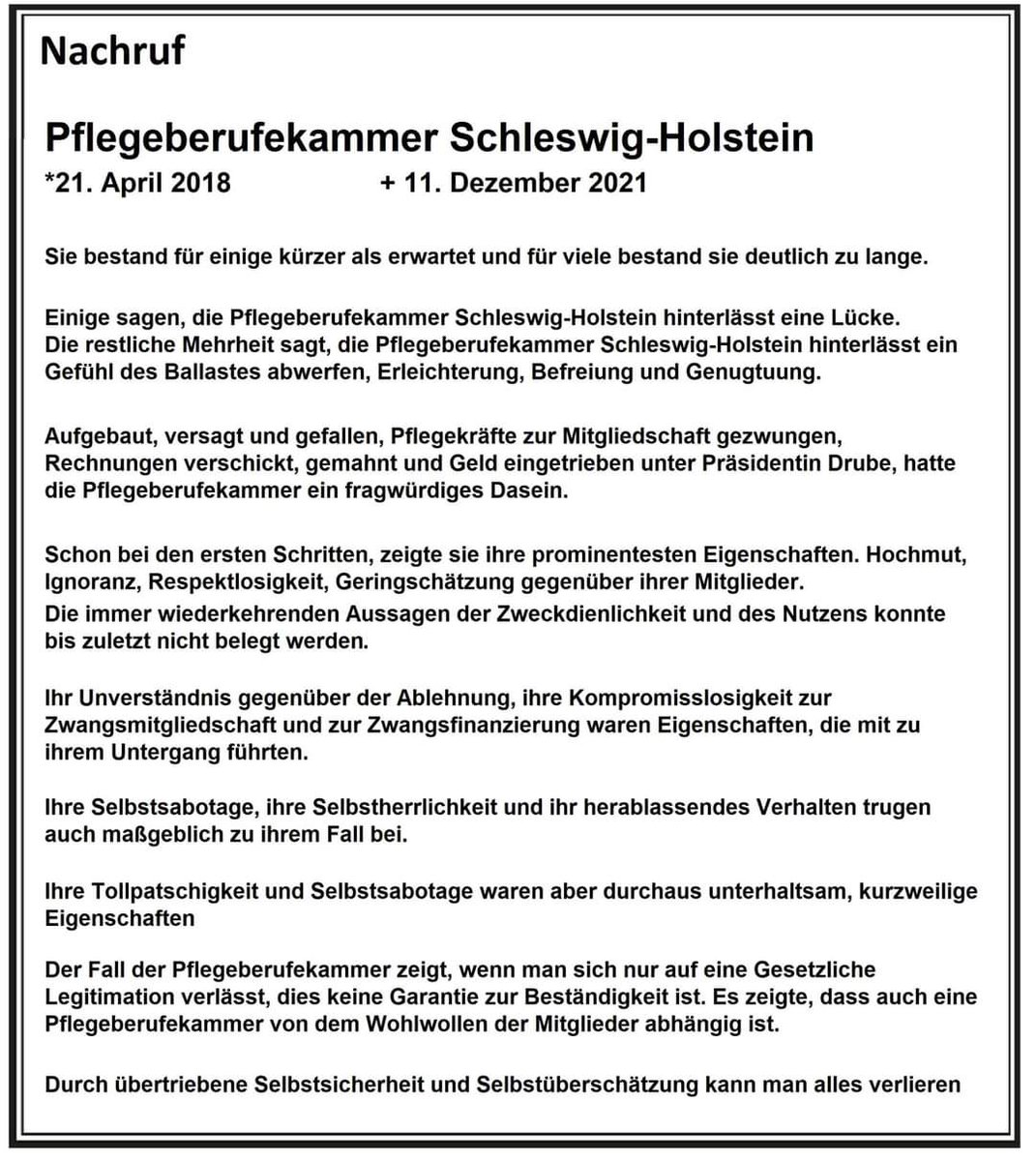 Ein Nachruf zur #Pflegeberufekammer in Schleswig-Holstein. 

Zwei Pflegekammern (SH und NDS) wurden letztes Jahr aufgelöst. 

Geht es dieses Jahr mit NRW weiter?
#nopknrw #keinepflegekammer #neinzurpflegekammernrw
