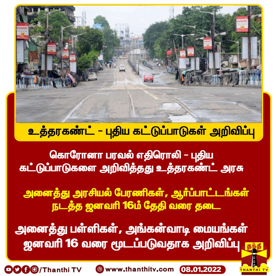 ThanthiTV's tweet photo. #Justin: கொரோனா பரவல் எதிரொலி - புதிய கட்டுப்பாடுகளை அறிவித்தது உத்தரகண்ட் அரசு

* அனைத்து அரசியல் பேரணிகள், ஆர்ப்பாட்டங்கள் நடத்த ஜனவரி 16ம் தேதி வரை தடை

* அனைத்து பள்ளிகள், அங்கன்வாடி மையங்கள் ஜனவரி 16 வரை மூடப்படுவதாக அறிவிப்பு

#UttarakhandLockdown https://t.co/IgXmtBw9J4