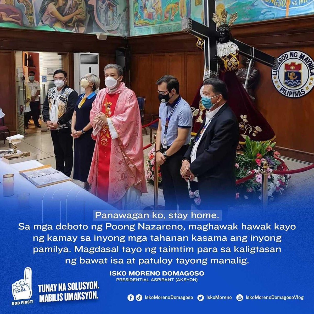 Isang araw na lang at ipagdiriwang na natin ang Traslacion ng Poong Nazareno sa Quiapo.

Ako ay nakikiusap sa lahat ng mga kababayan natin deboto ng Poong Nazareno na manatili nalang tayo sa ating tahanan, dahil nasa gitna pa rin po tayo ng pandemya dulot ng Omicron COVID19 🙏🏻