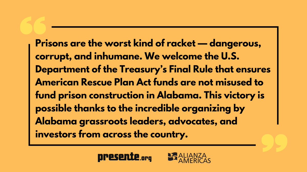 BIG NEWS! Biden admin ruling declares building prisons w #COVID19 relief funds an INELIGIBLE use of federal $$$.  Thx to incredible organizing w <a href="/CommsNotPrisons/">Communities Not Prisons</a>, grassroots leaders, advocates &amp; investors across US we achieved this step in right direction bit.ly/3qUvn1z